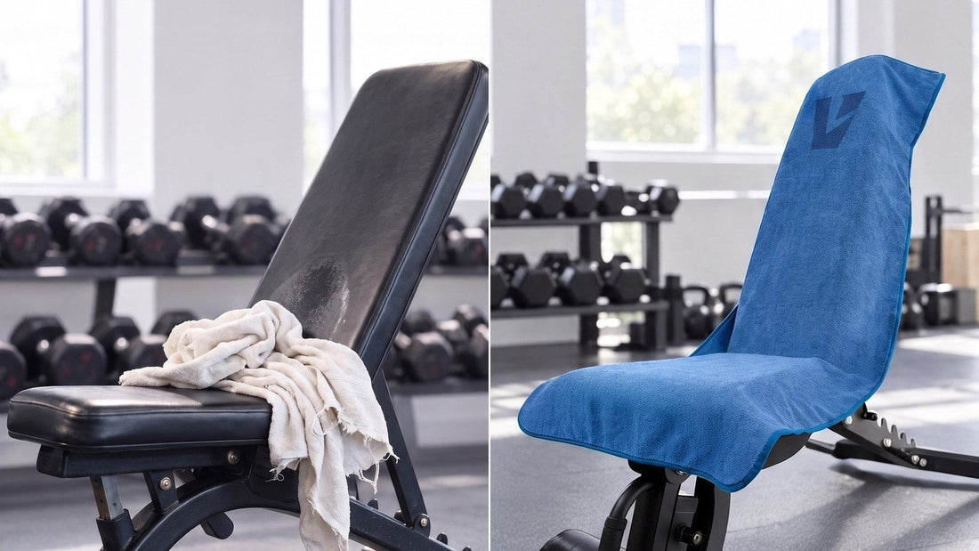 Sweat-marked gym bench with a loose towel next to a bench fully covered by a VIVID hooded towel
