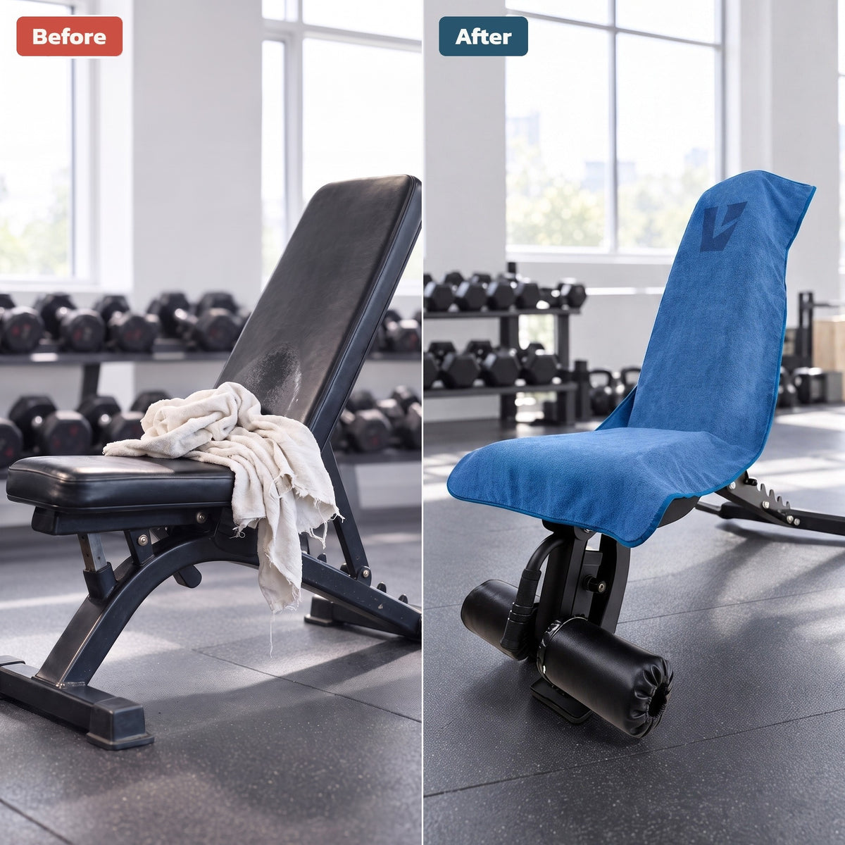 Before and after: a sweat-marked bench with a loose old towel, then a bench fully covered by a blue VIVID hooded gym towel
