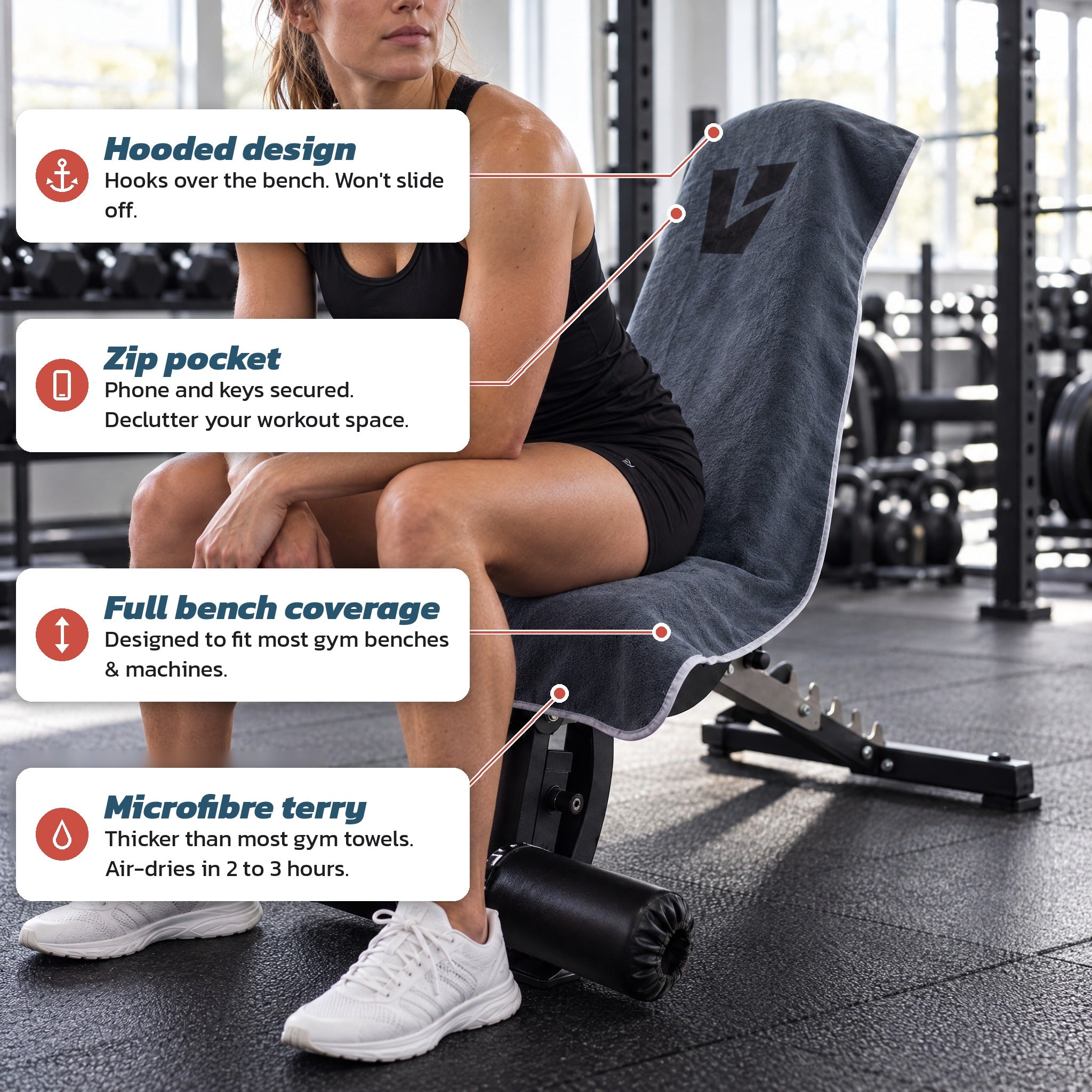 Grey VIVID microfibre terry hooded gym towel on an adjustable bench