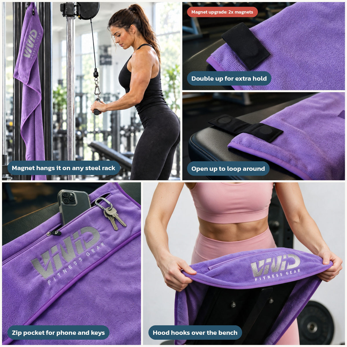 VIVID magnetic hooded gym towel hanging from a cable machine by its magnet strap, plus close-ups of the strap, zip pocket and hood
