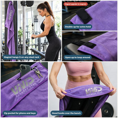 VIVID magnetic hooded gym towel hanging from a cable machine by its magnet strap, plus close-ups of the strap, zip pocket and hood