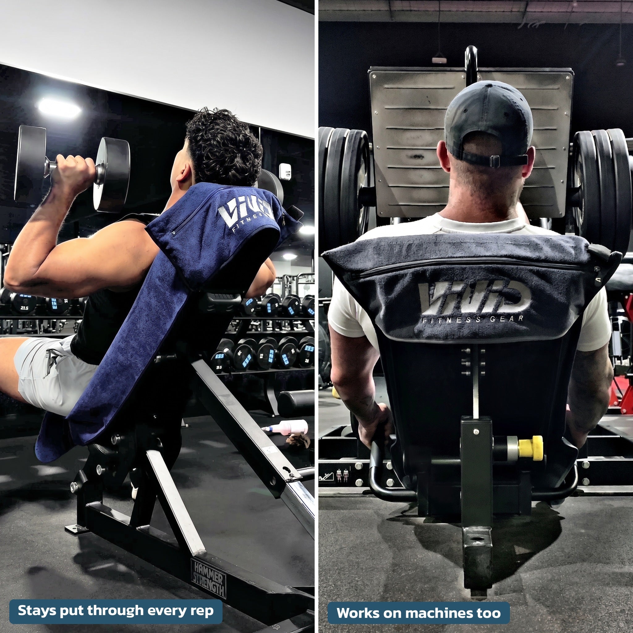 Hooded gym towels hooked over an incline bench and a seated machine