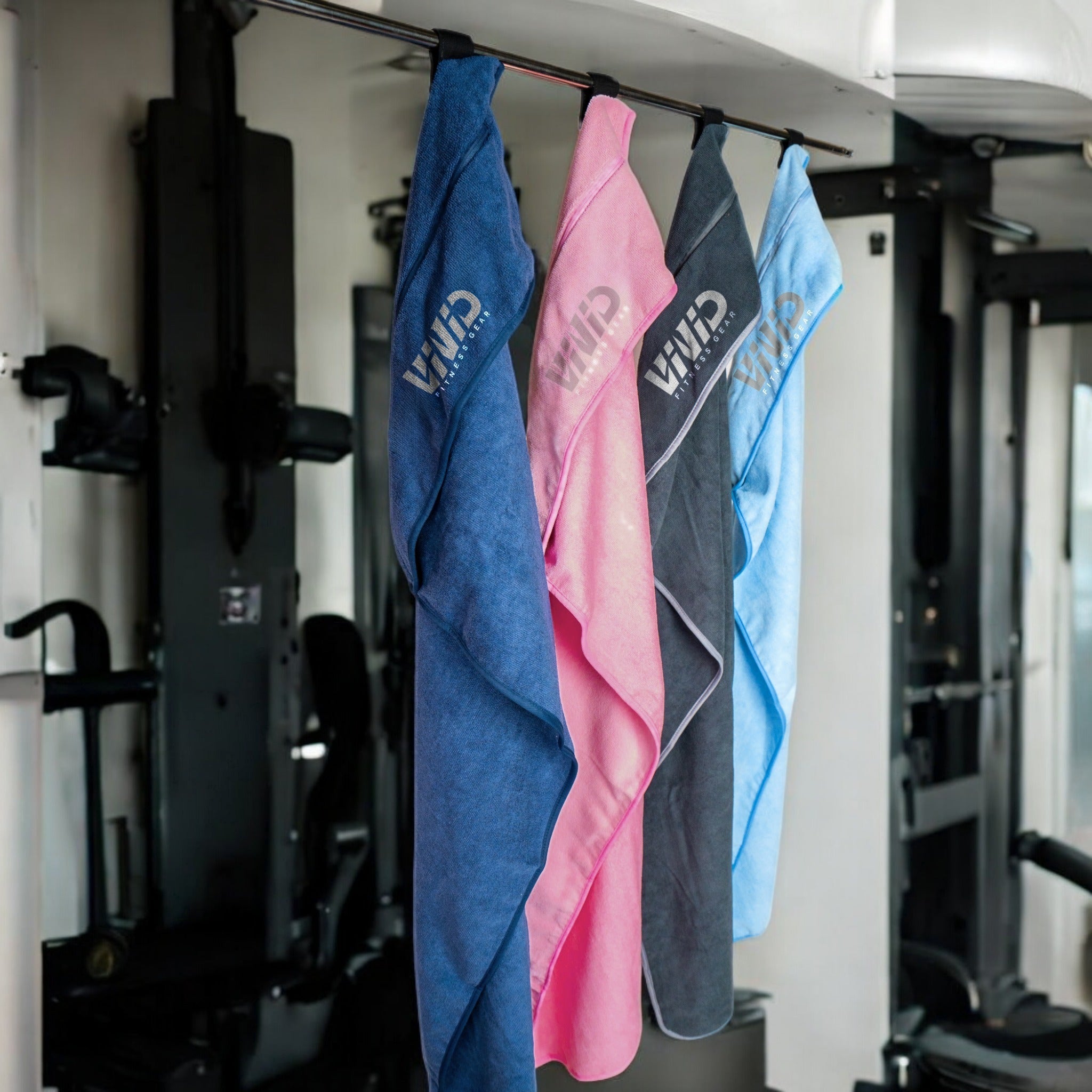 VIVID hooded gym towels hanging by their hoods